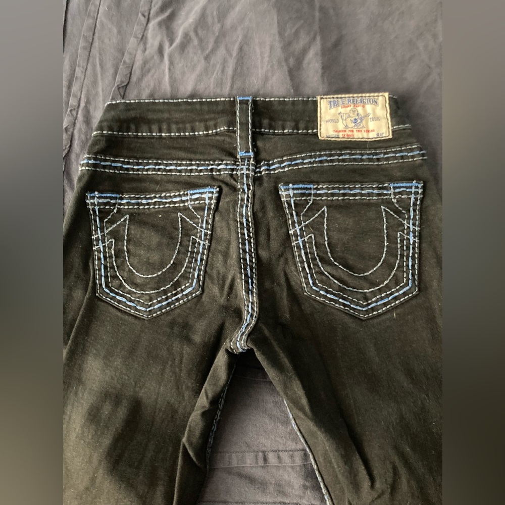 True religion jeans.  Straight leg black with navy blue stitching. Vintage